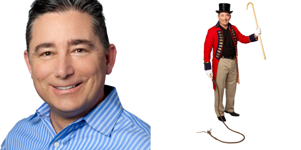 Headshot of Dan Barnard composited with a photo of Dan dressed as a ringmaster. 