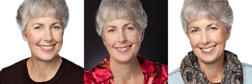 Headshots of woman in three different outfits. 