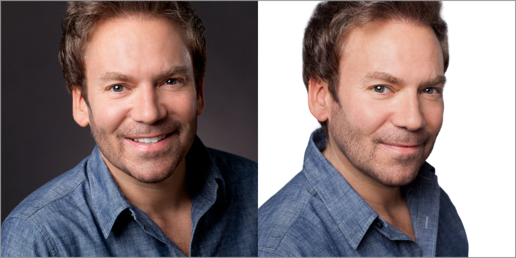 The same person in headshots on a black and a white background. 