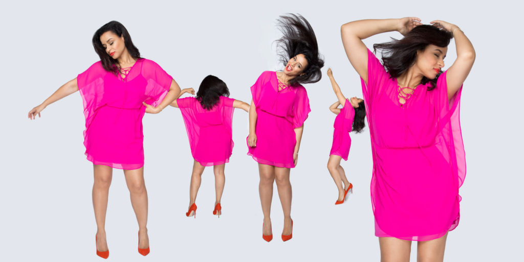 Five images if a woman in a pink dress dancing for Personal Branding.